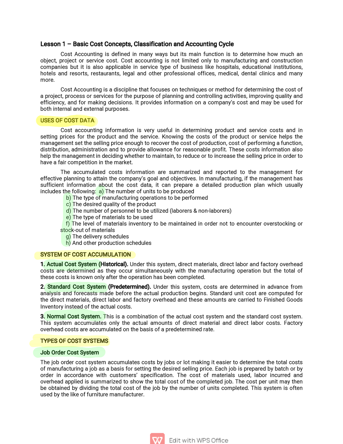 Cost Lesson 1 - Cost Accounting - Lesson 1 – BasicCostConcepts ...