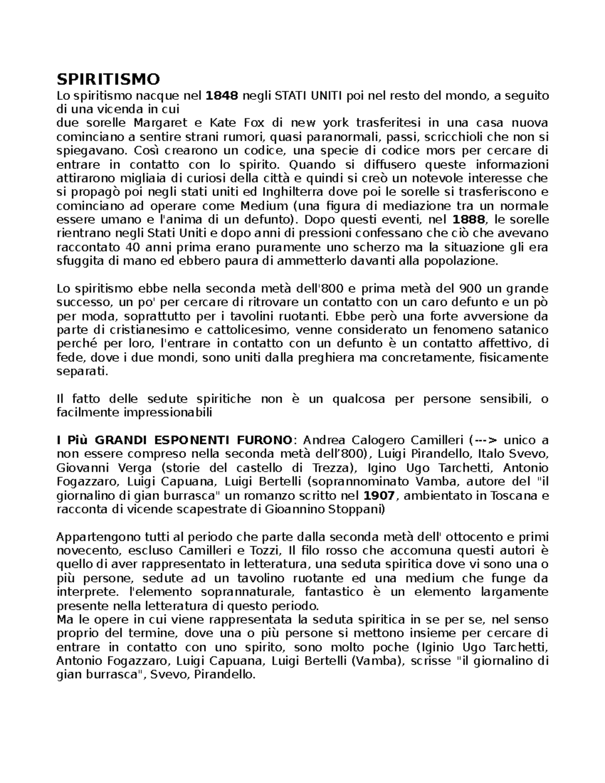 Letteratura Italiana Contemporanea - SPIRITISMO Lo spiritismo nacque ...