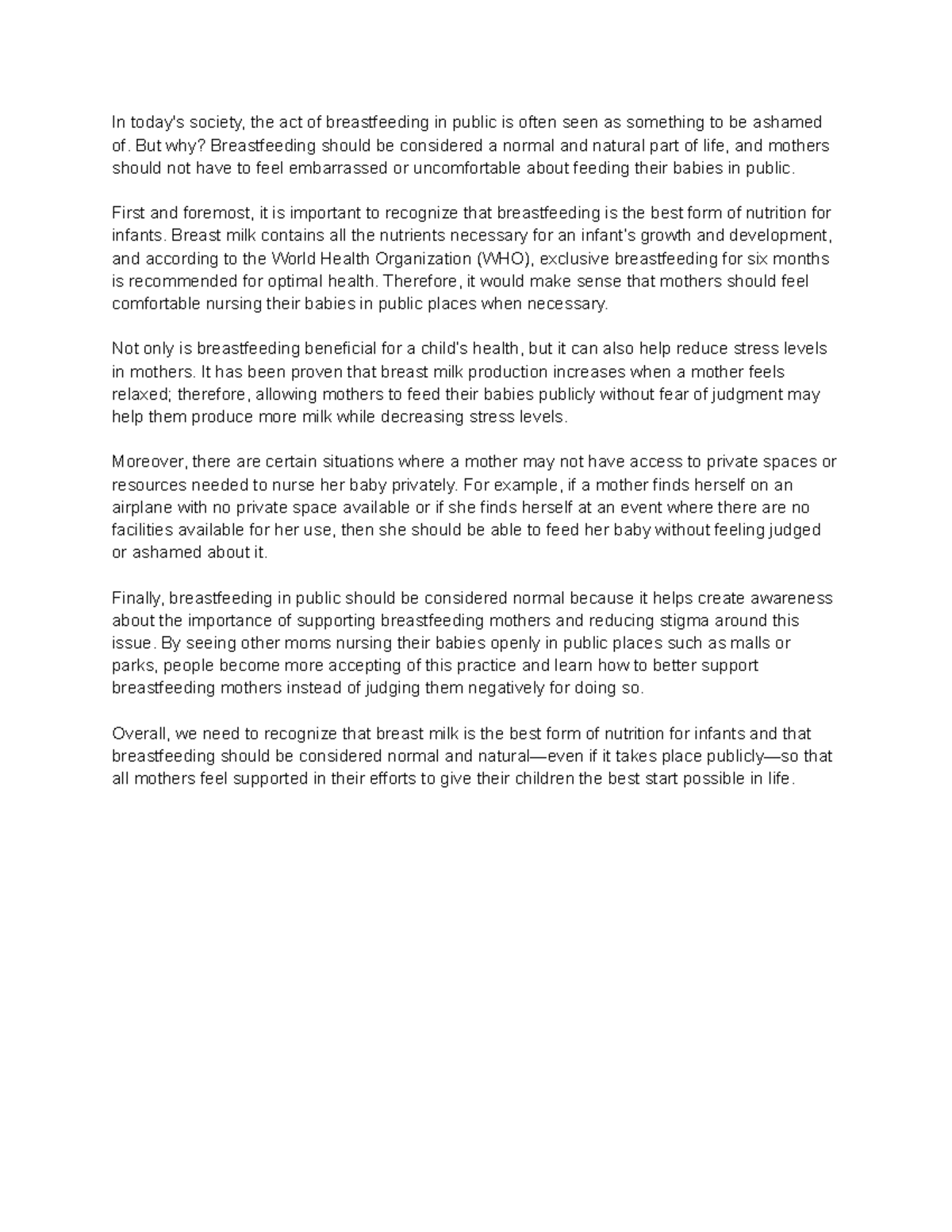 ENG 110 breastfeeding Professor Ford In today's society, the act of