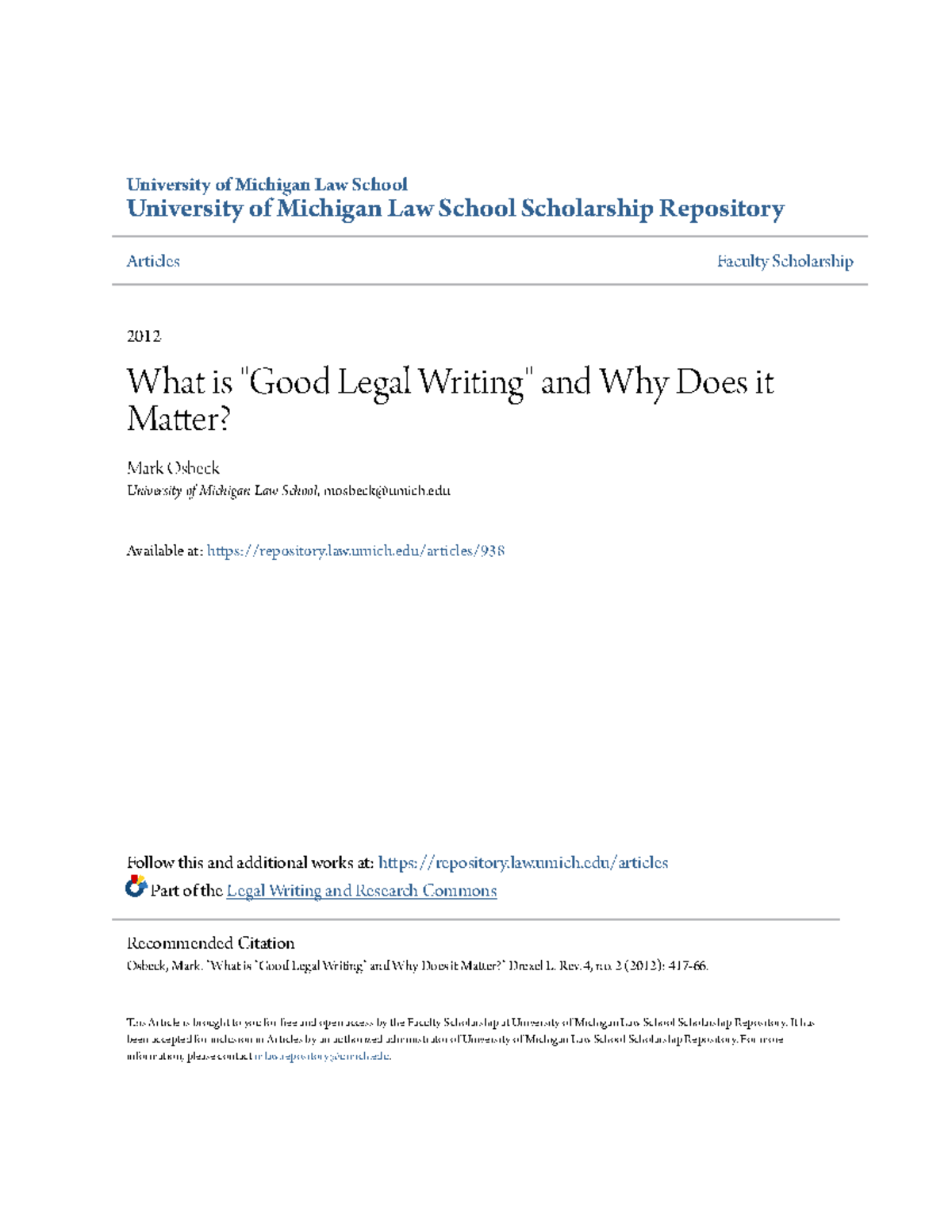 Osbeck - What is Good Legal Writing and Why Does it Matter - University ...
