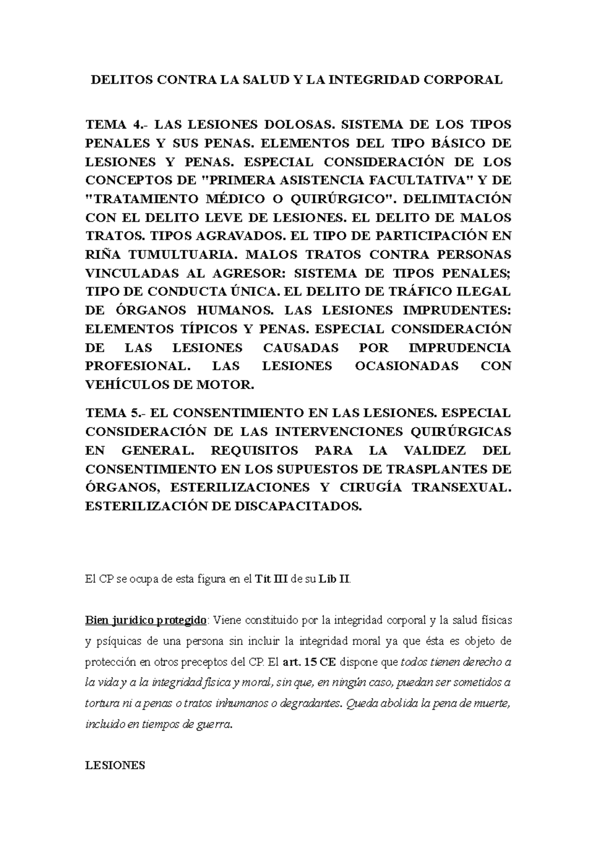 TEMA 4 - 5 Delito DE Lesiones - DELITOS CONTRA LA SALUD Y LA INTEGRIDAD ...