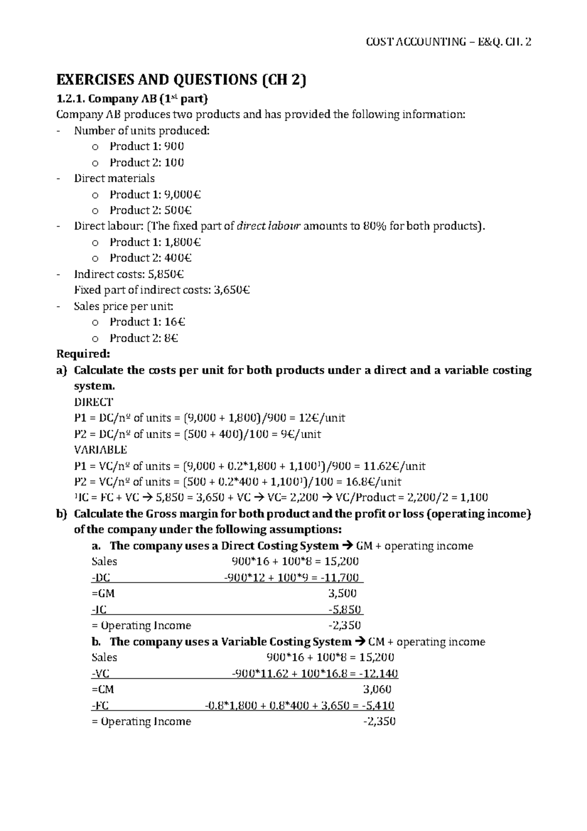 E&Q Chapter 2 - COST ACCOUNTING CH. 2 EXERCISES AND QUESTIONS (CH 2) 1. ...