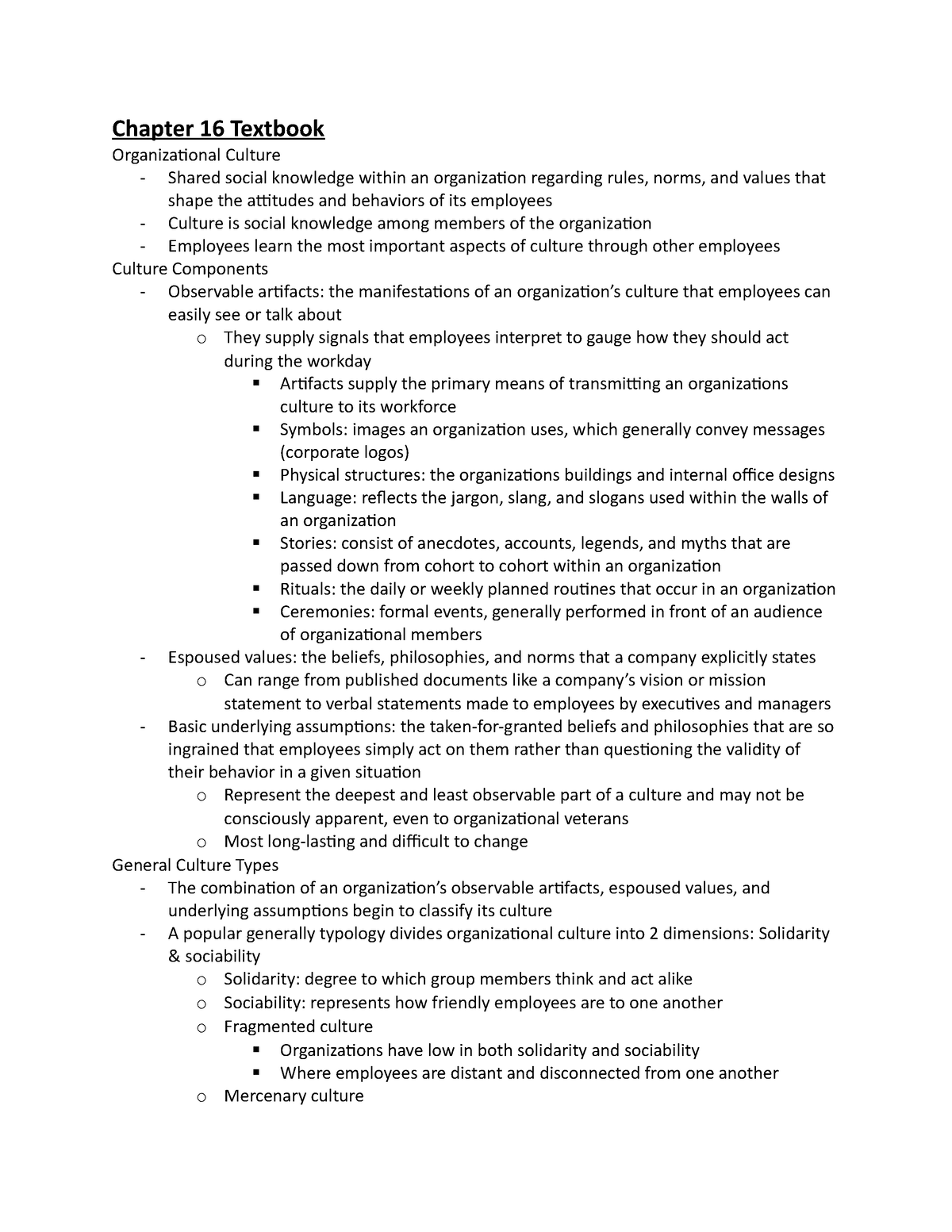 Chapter 16 Textbook Notes - Chapter 16 Textbook Organizational Culture ...