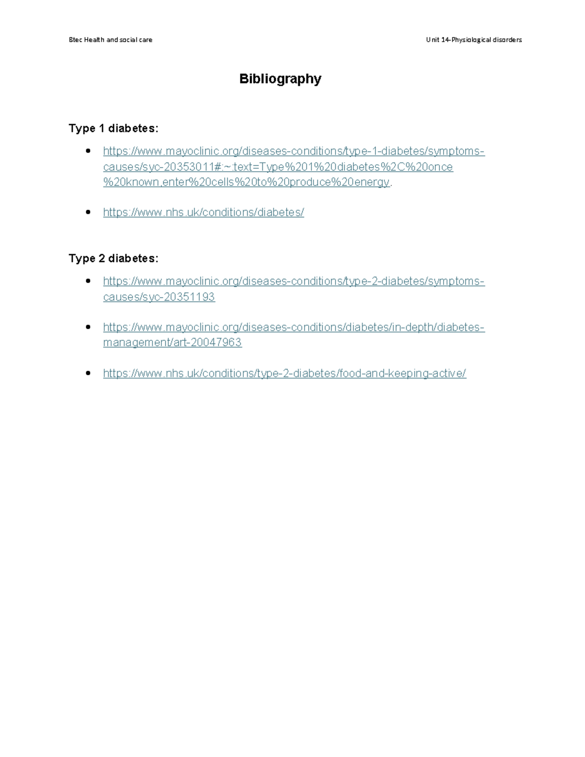 Unit 14 diabetes unit 14 health n social care work Bibliography