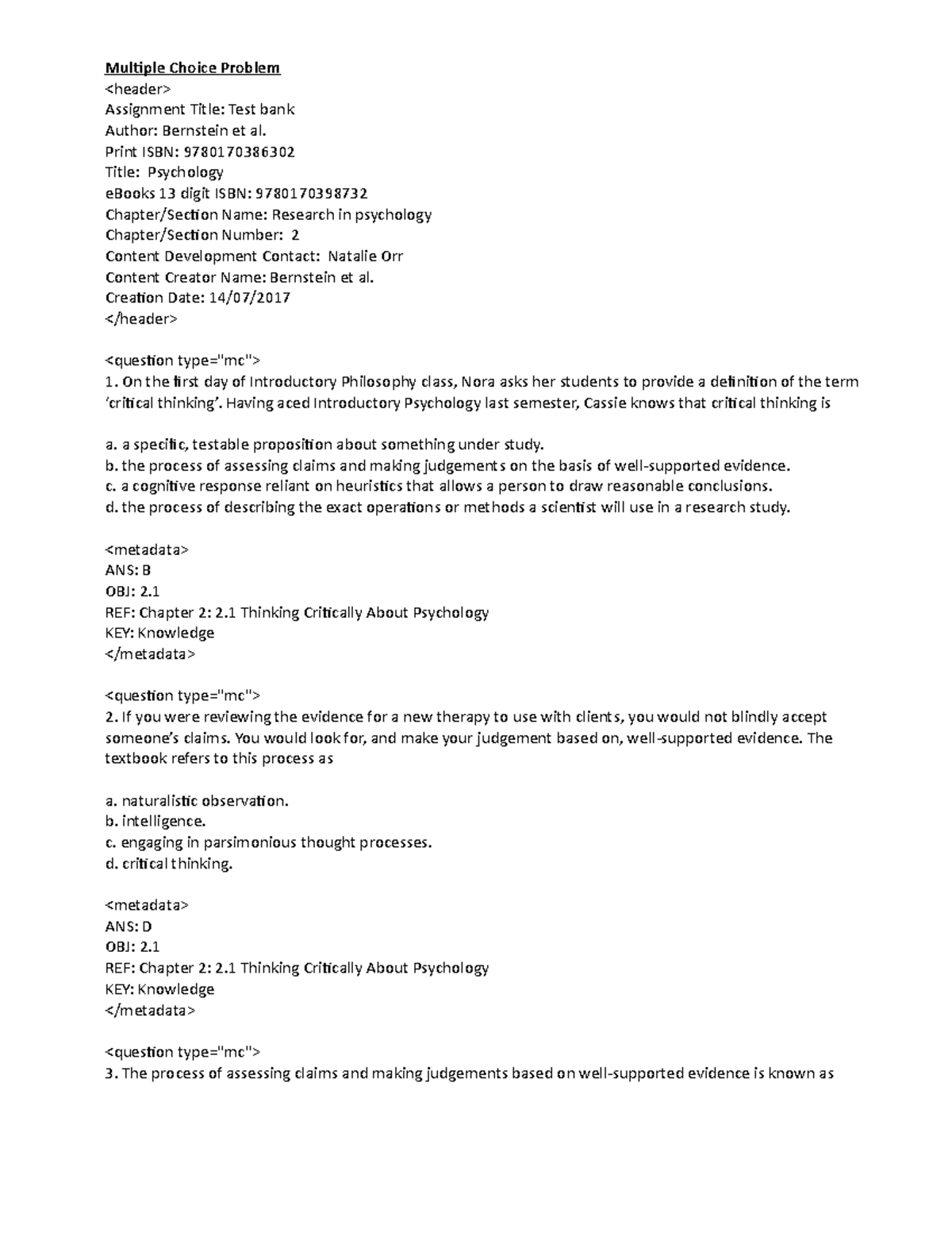 Chapter 2 Exam Practice Questions From Bernstein Textbook - Multiple ...