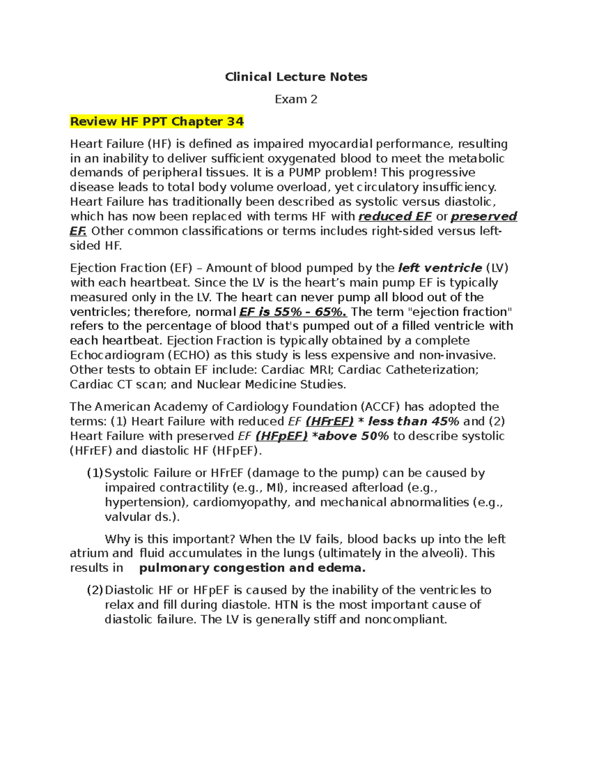 Lecture 3 Materials - Clinical Lecture Notes Exam 2 Review HF PPT ...