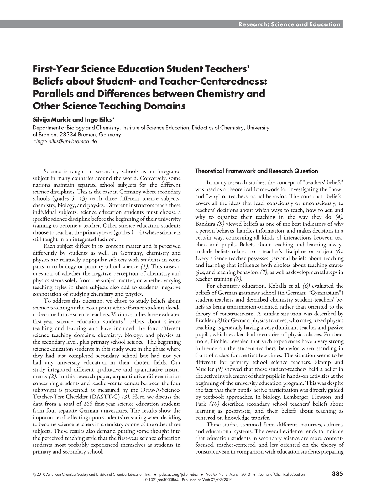 First-Year Science Education Student Teachers’ Beliefs About Student ...