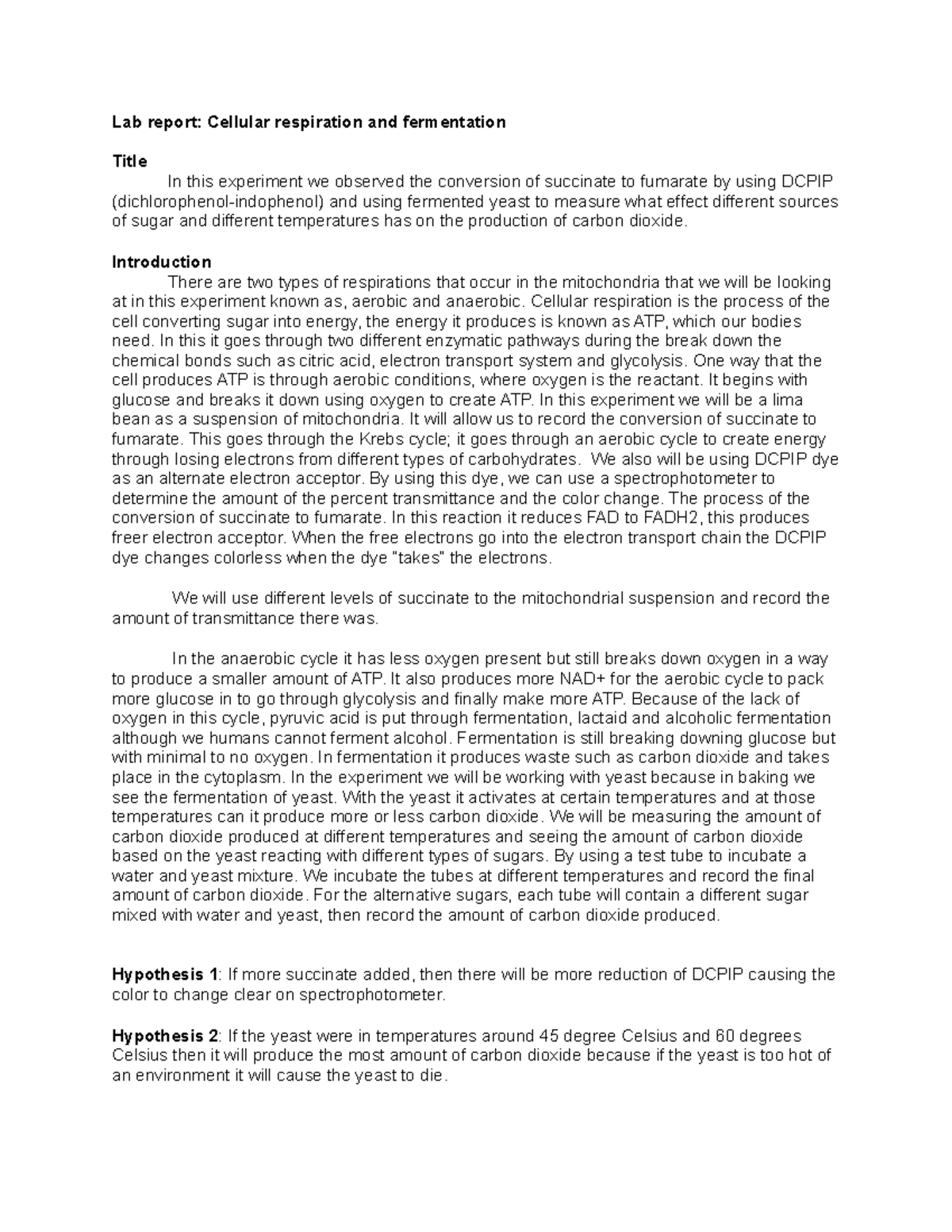 Lab Report 1 - Lab Report: Cellular Respiration And Fermentation Title ...