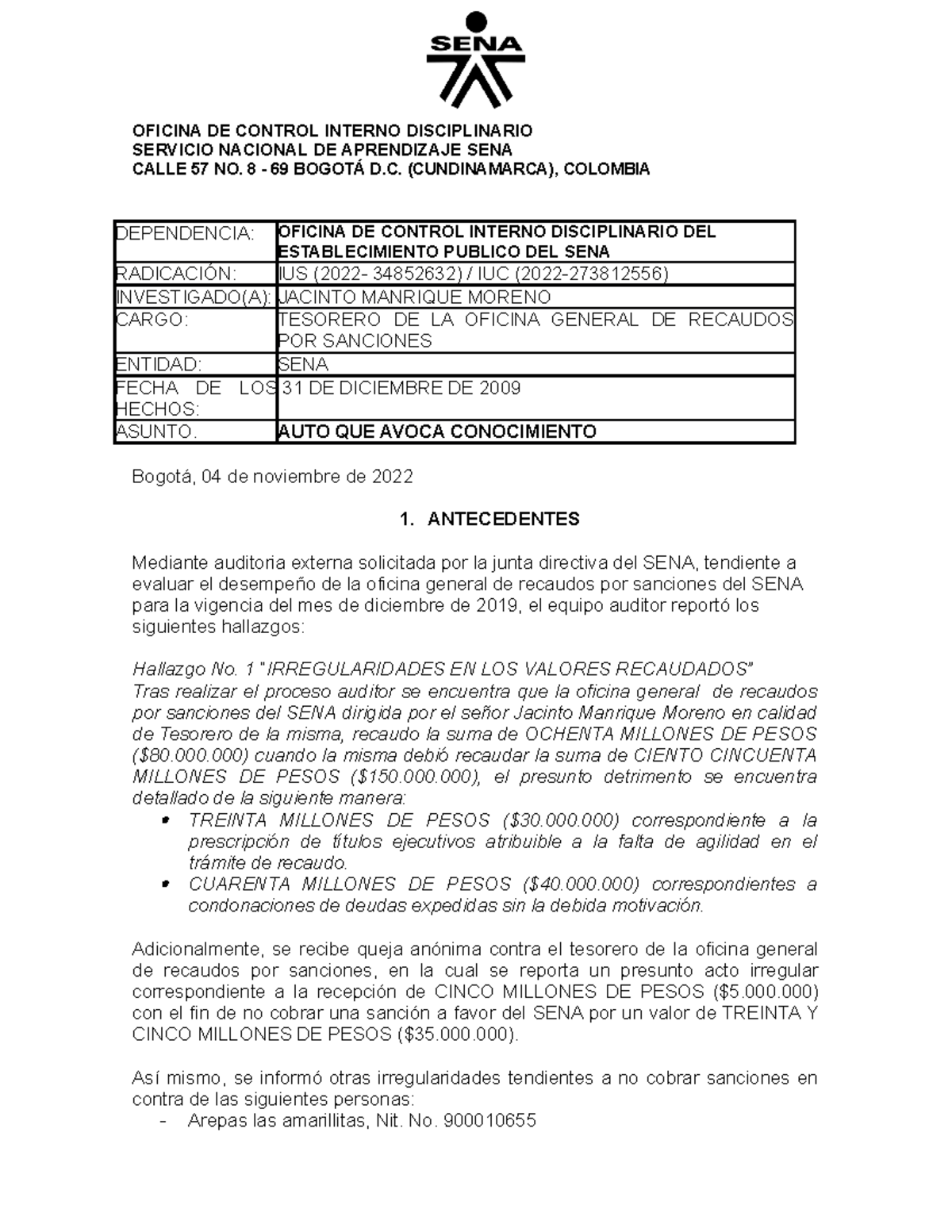 Auto que avoca conocimiento (Reparado) OFICINA DE CONTROL INTERNO