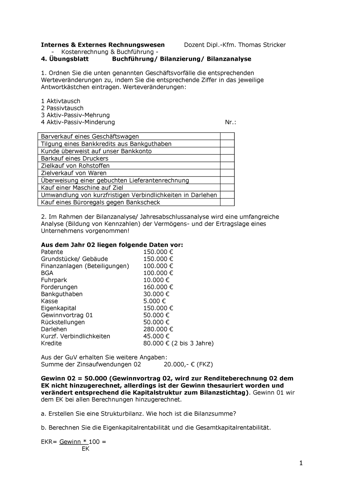 4. Übungsblatt K& B - Übung - 1 Internes & Externes Rechnungswesen ...