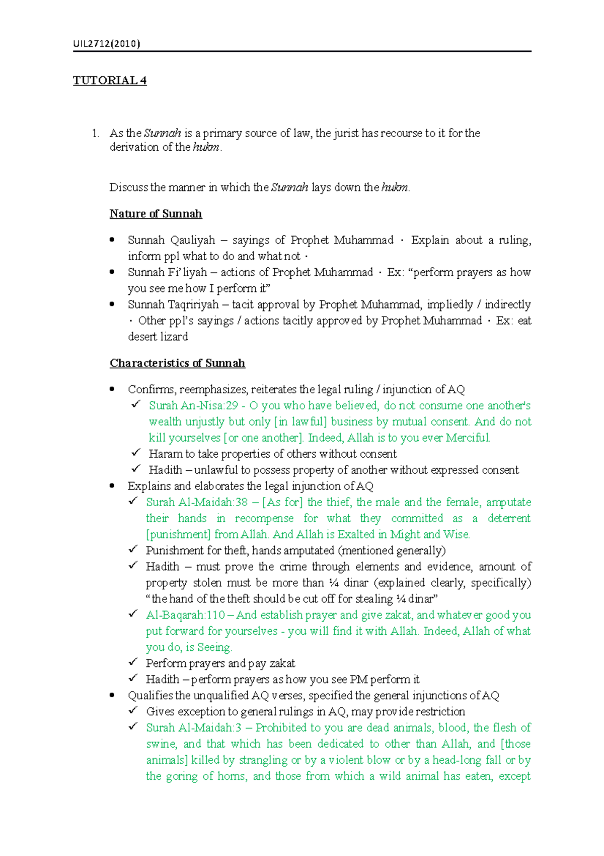 Islamic Law 1 Tutorial Uil2712 2010 Tutorial 4 As The Sunnah Is A