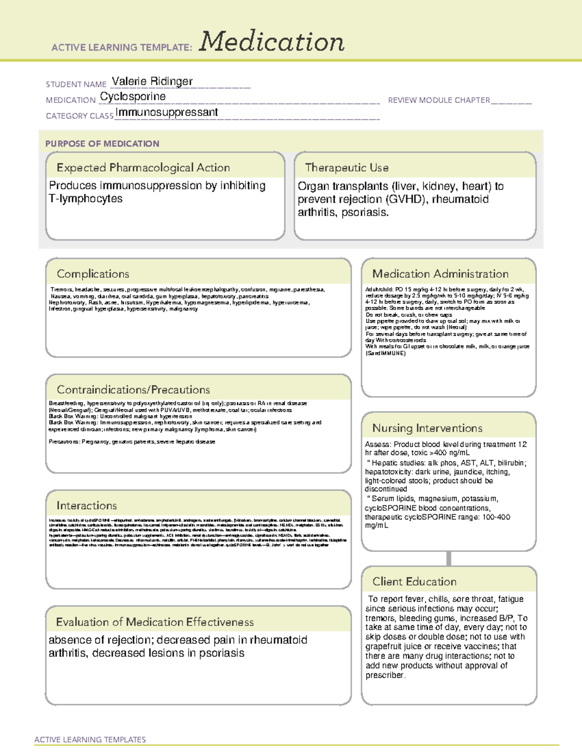 Medication Cyclosporin - ACTIVE LEARNING TEMPLATES Medication STUDENT ...