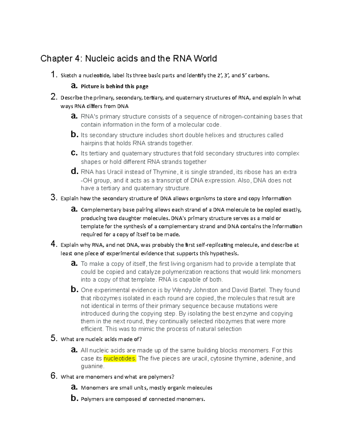 Exam 2 study guide - Chapter 4: Nucleic acids and the RNA World 1 ...