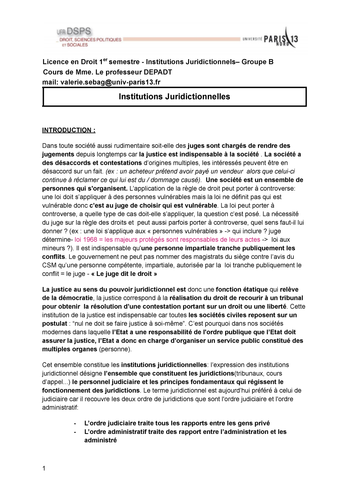 Institutions Juridictionnelles L1 DROIT - Licence En Droit 1er Semestre ...