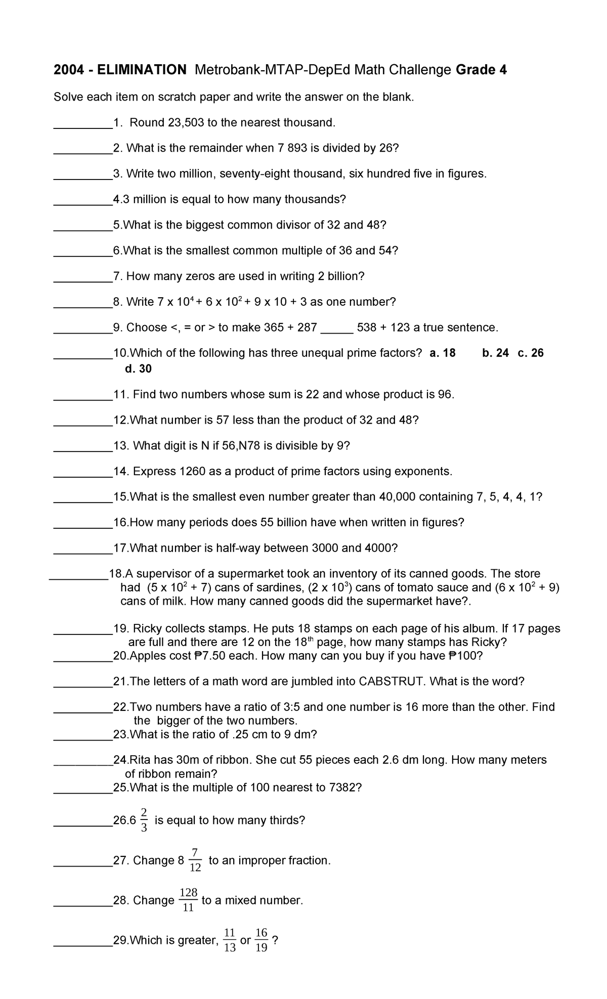 500909344 Grade 4 Mtap Reviewer 2004 ELIMINATION Metrobank MTAP 