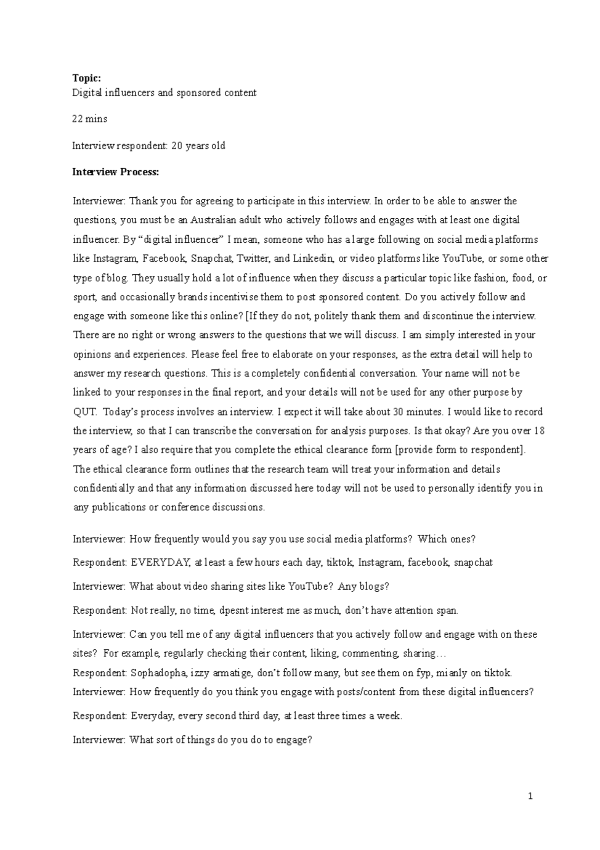 Student 2 Interview - Topic: Digital influencers and sponsored content ...