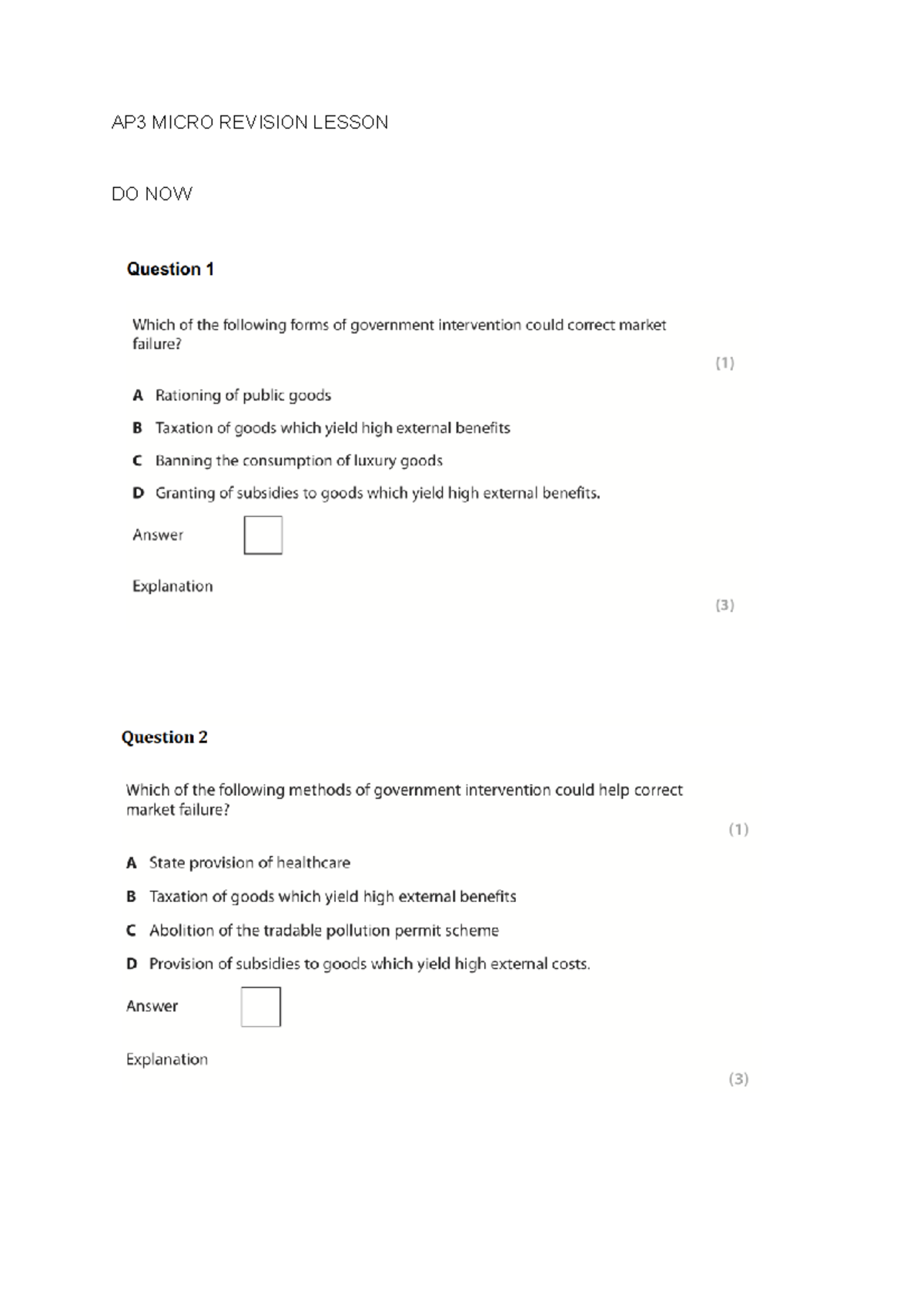 AP3 Micro Revision Lesson - AP3 MICRO REVISION LESSON DO NOW QUESTIONS ...