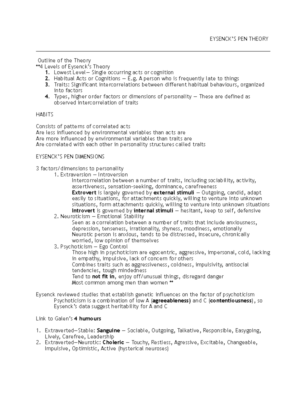 Psych 2b03 pt.2 - EYSENCK’S PEN THEORY Outline of the Theory **4 Levels ...