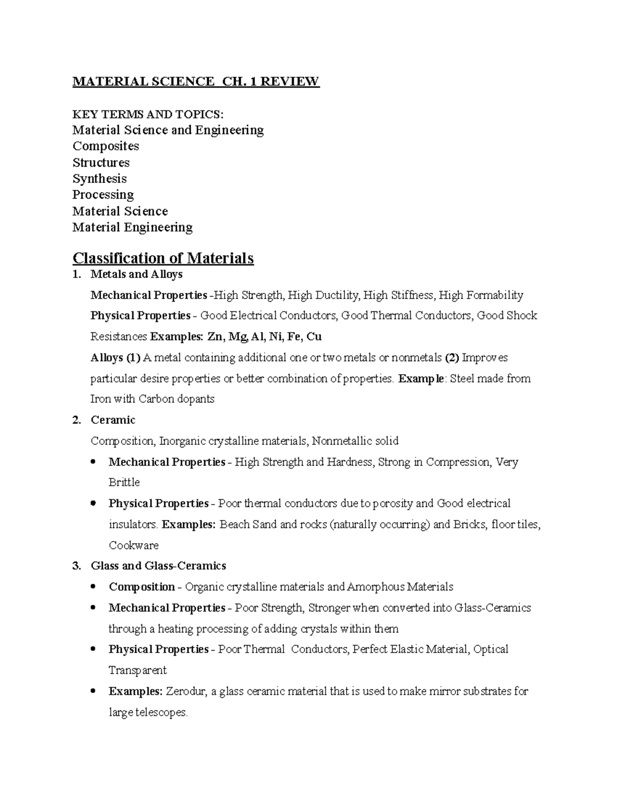 Chapter 1 Outlinereview - MATERIAL SCIENCE CH. 1 REVIEW KEY TERMS AND ...