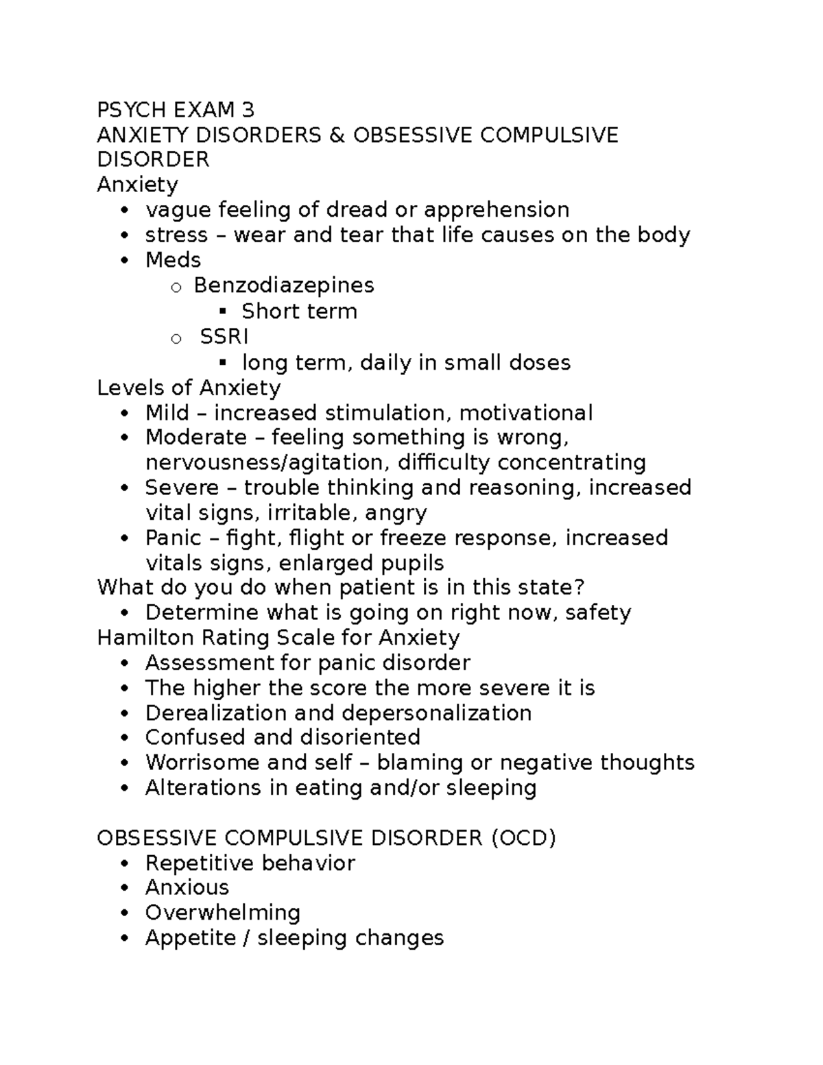 Psych Exam 3 must knows - PSYCH EXAM 3 ANXIETY DISORDERS & OBSESSIVE ...