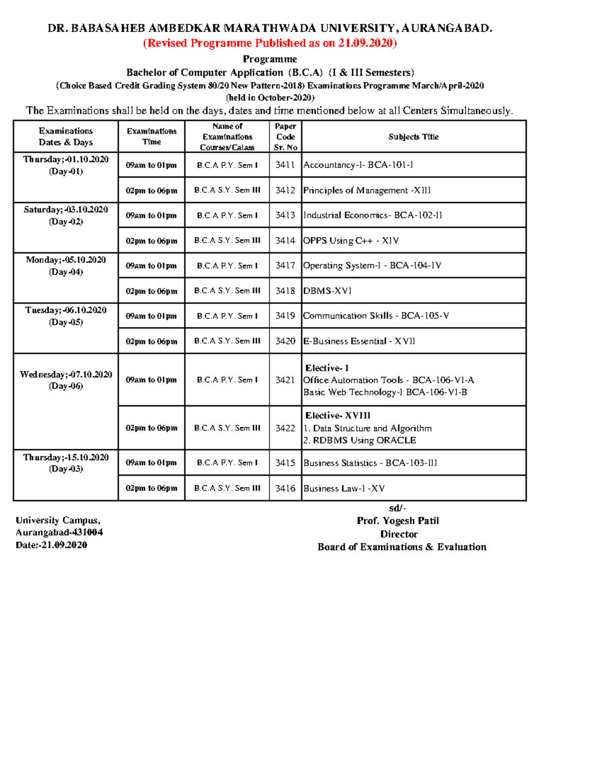 BBA BCA CBCS Pattern CBCS 80 20 - Examinations Dates & Days ...