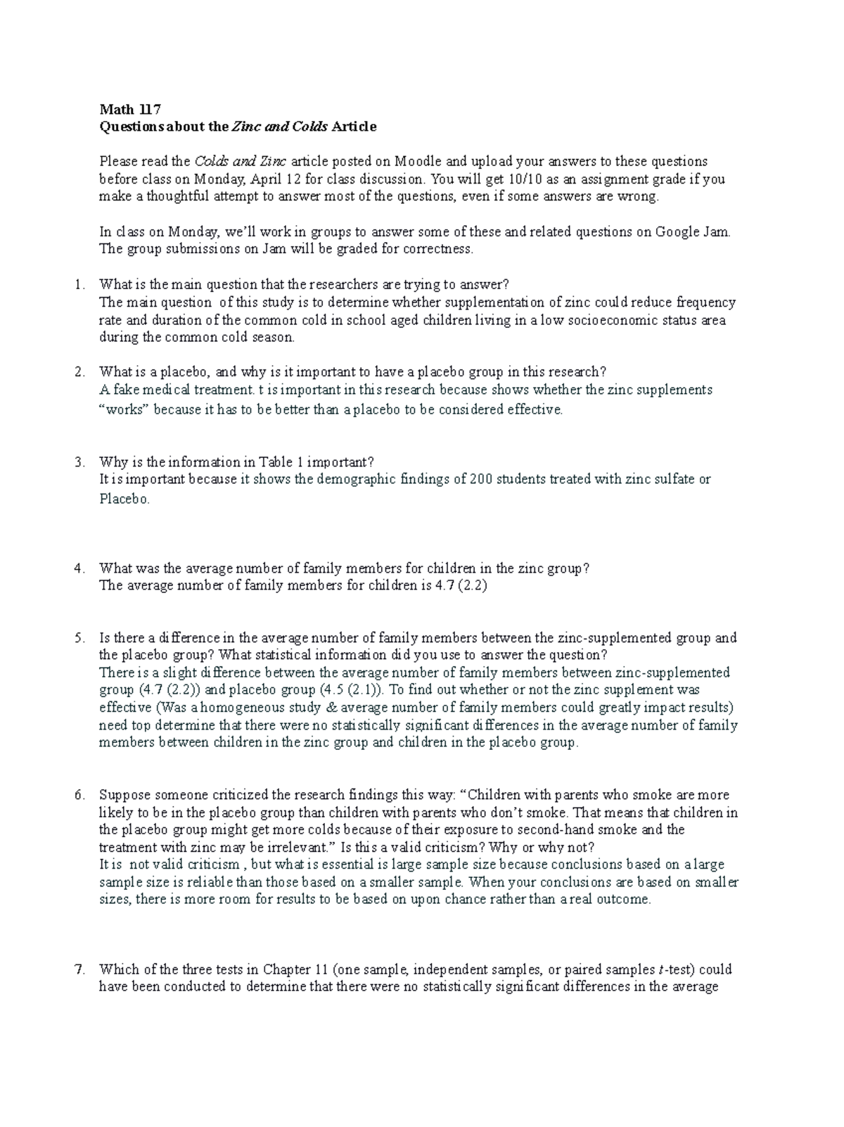 Zinc Cold Assignment Spring 2021 Math 117 Questions about the Zinc