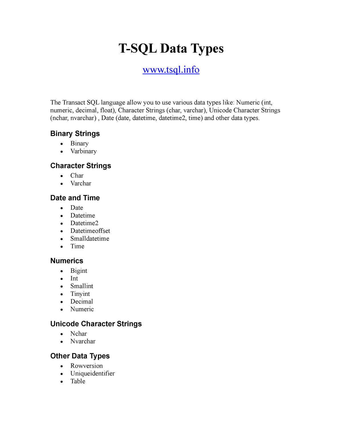 SQL Data Types - MY SQL Notes - T-SQL Data Types Tsql The Transact SQL ...