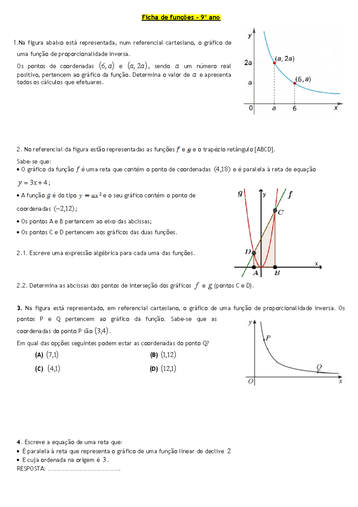 Ficha De Funções 9º Ano Ficha De Funções 9º Ano 1 Na Figura Abaixo