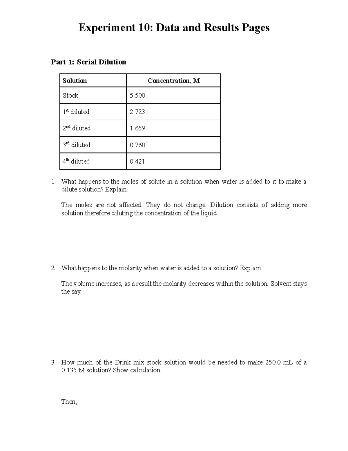 Chem 108 Exp 10 Data and Results Pages_Completed - Experiment 10: Data ...