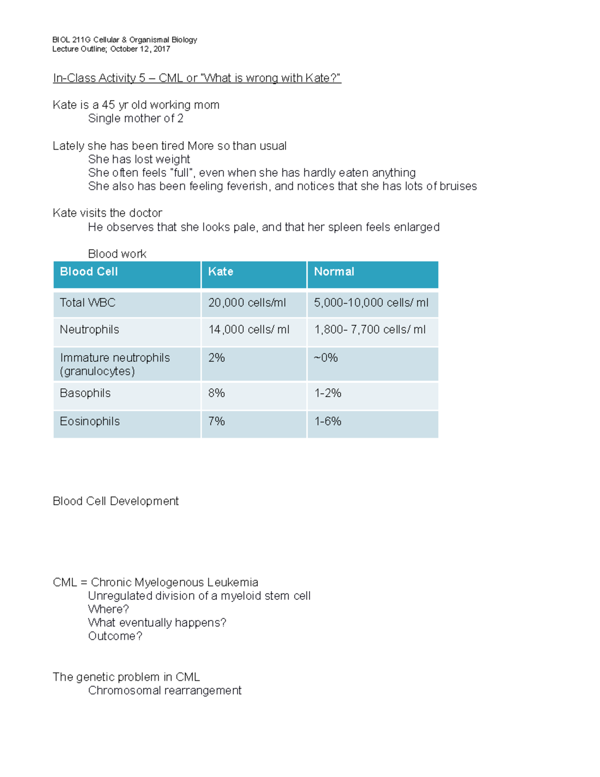 Oct 12 - CML activity lecture outline - BIOL 211G Cellular Organismal ...