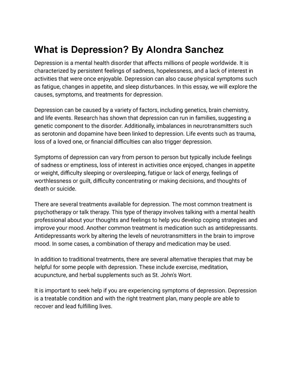 essay about depression pdf