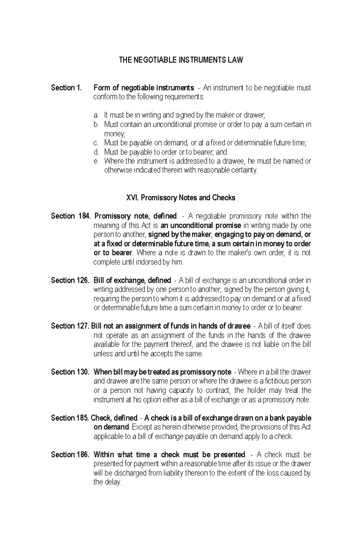 Nego Sylabus - THE NEGOTIABLE INSTRUMENTS LAW Section 1. Form of ...