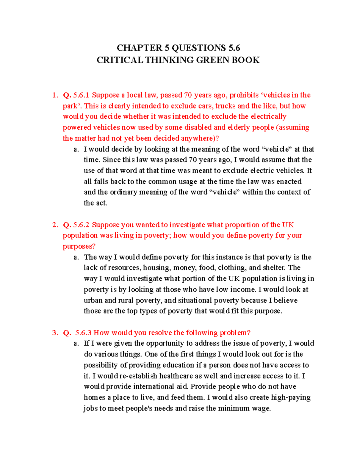 Chapter 5 Questions 5.6 Critical Thinking Green Book CHAPTER 5