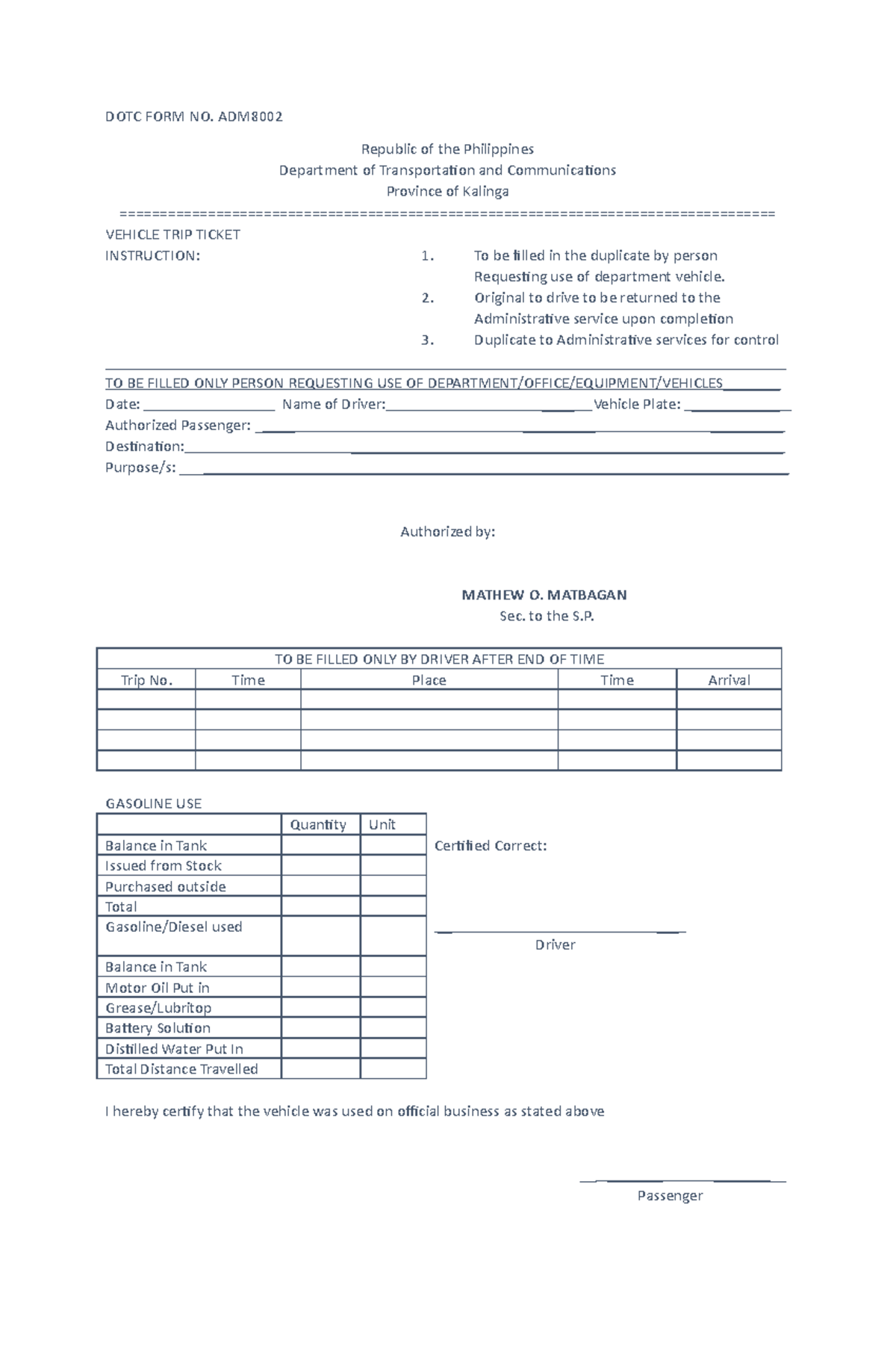 TRIP Ticket free DOTC FORM NO. ADM Republic of the Philippines