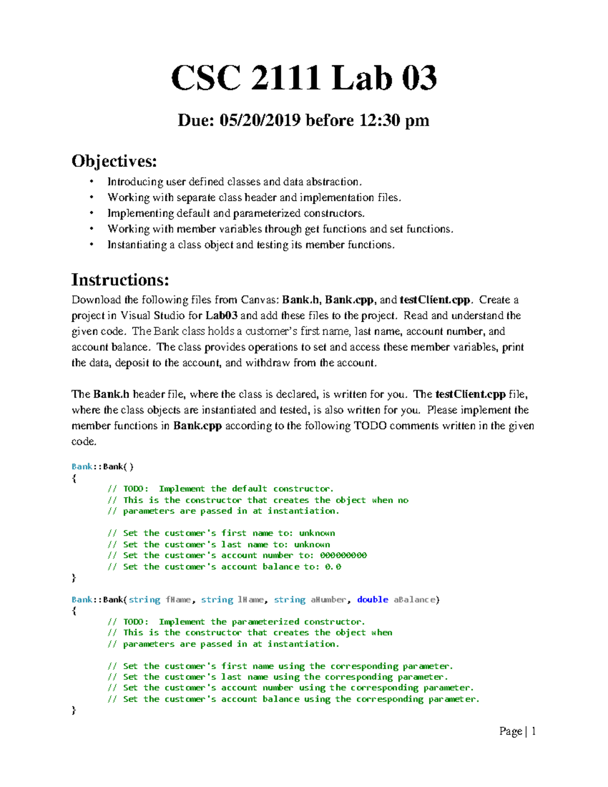 Lab03 Instructions - CSC 2111 Lab 03 Due: 05/20/2019 before 12:30 pm ...