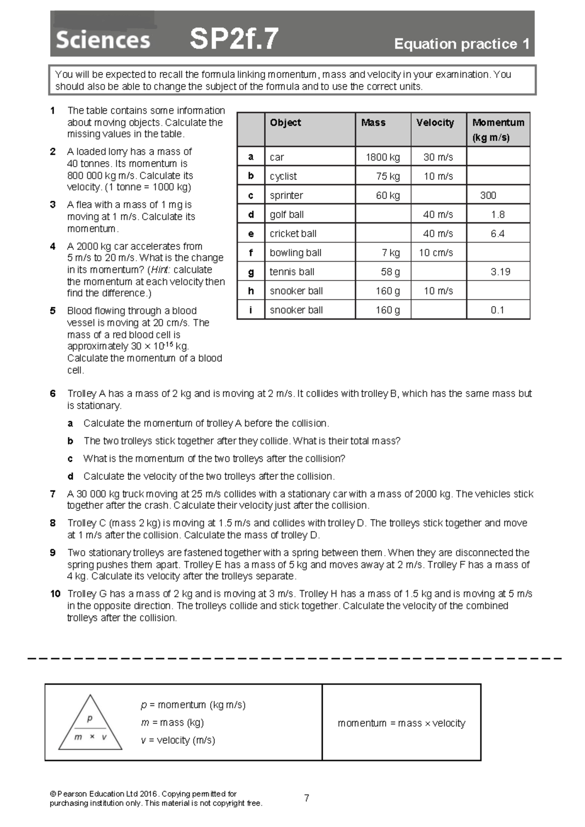 5.8 Momentum Questions + Answers - Sp2f. © Pearson Education Ltd 2016 