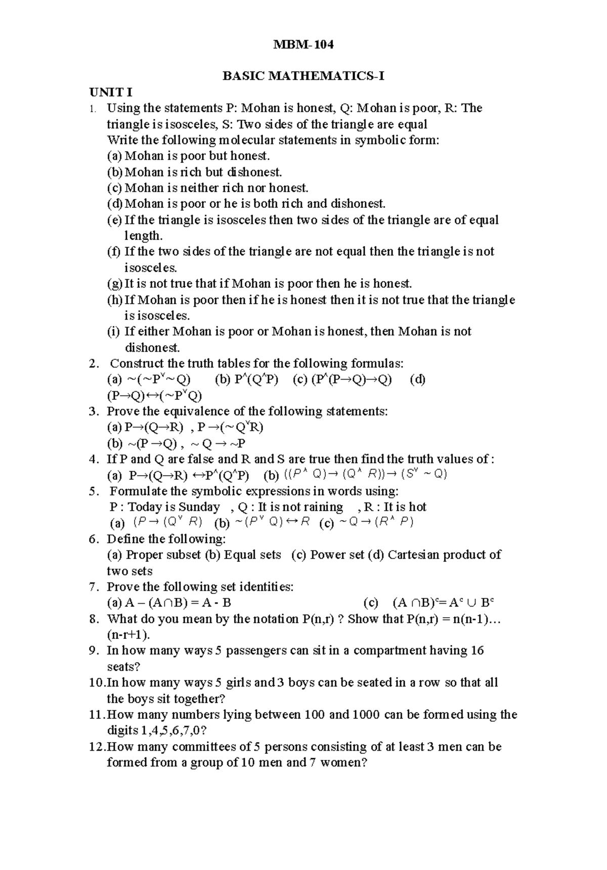 Mbm104 Assignment 1 - Mbm- Basic Mathematics-i Unit I Using The 