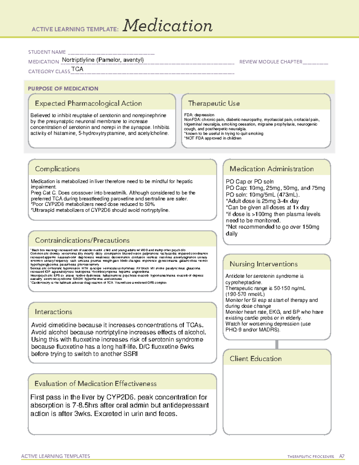 Nortriptyline Drug Card Information ACTIVE LEARNING TEMPLATES