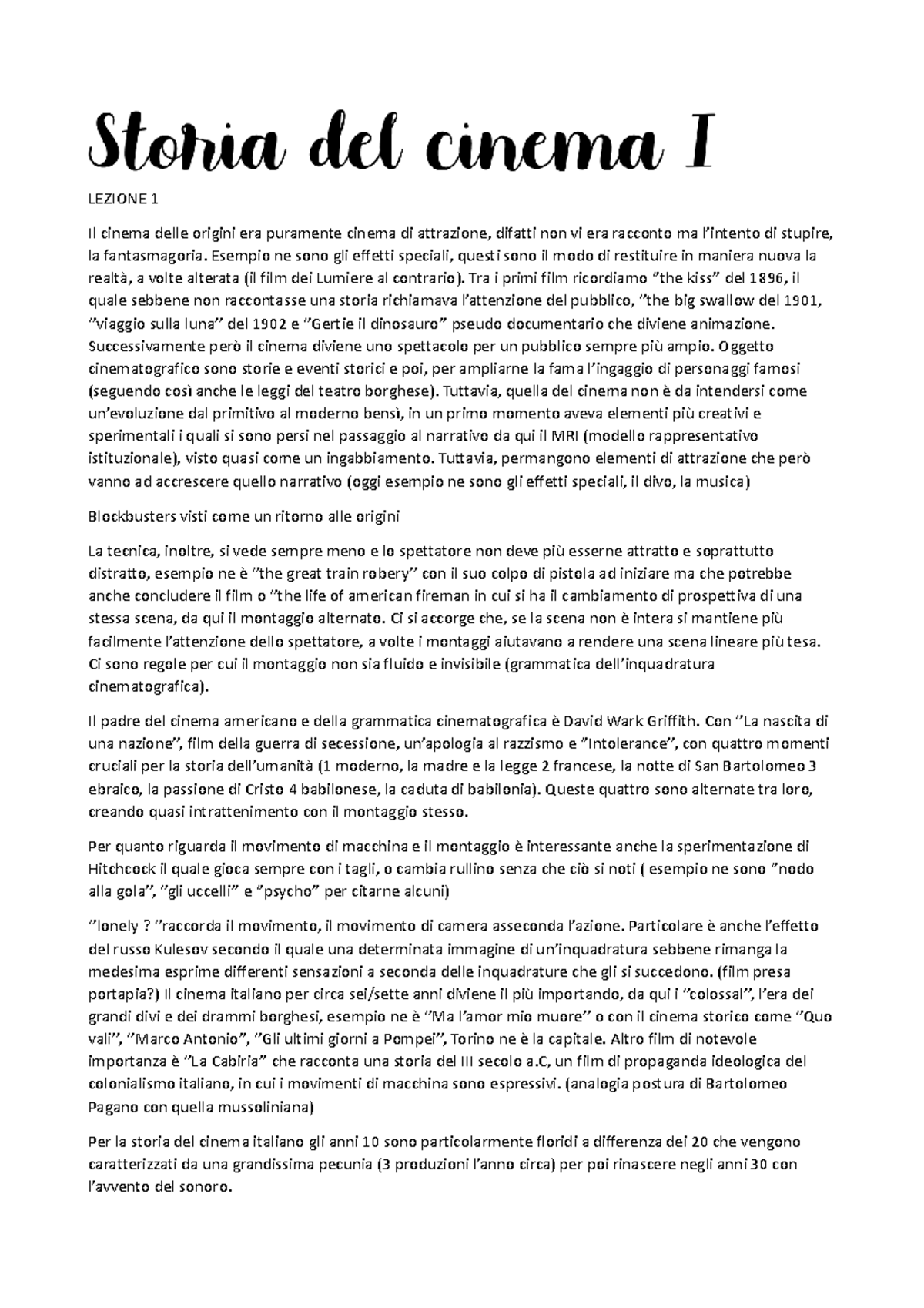 Storia del cinema LEZIONE 1 Il cinema delle origini era puramente