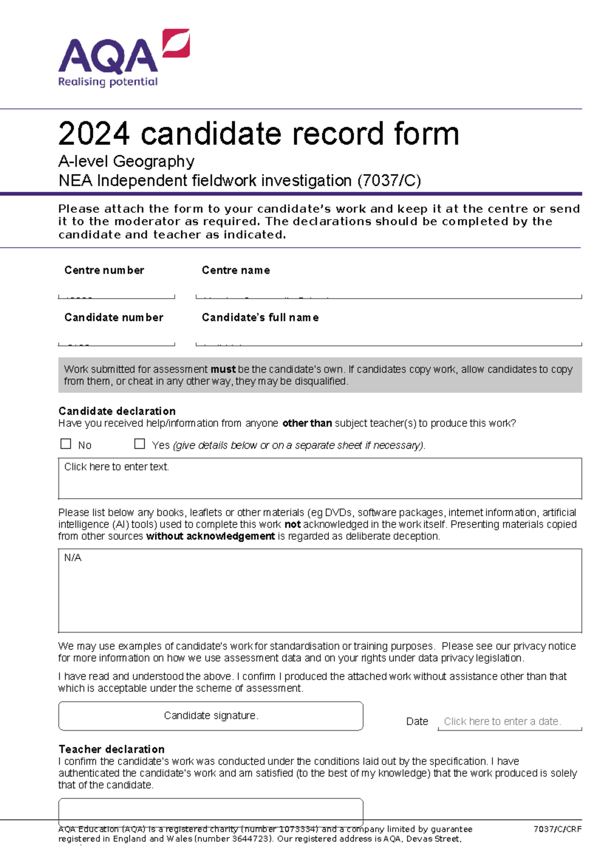 AQA 7037C CRF 24 - Essay - 2024 candidate record form A-level Geography ...