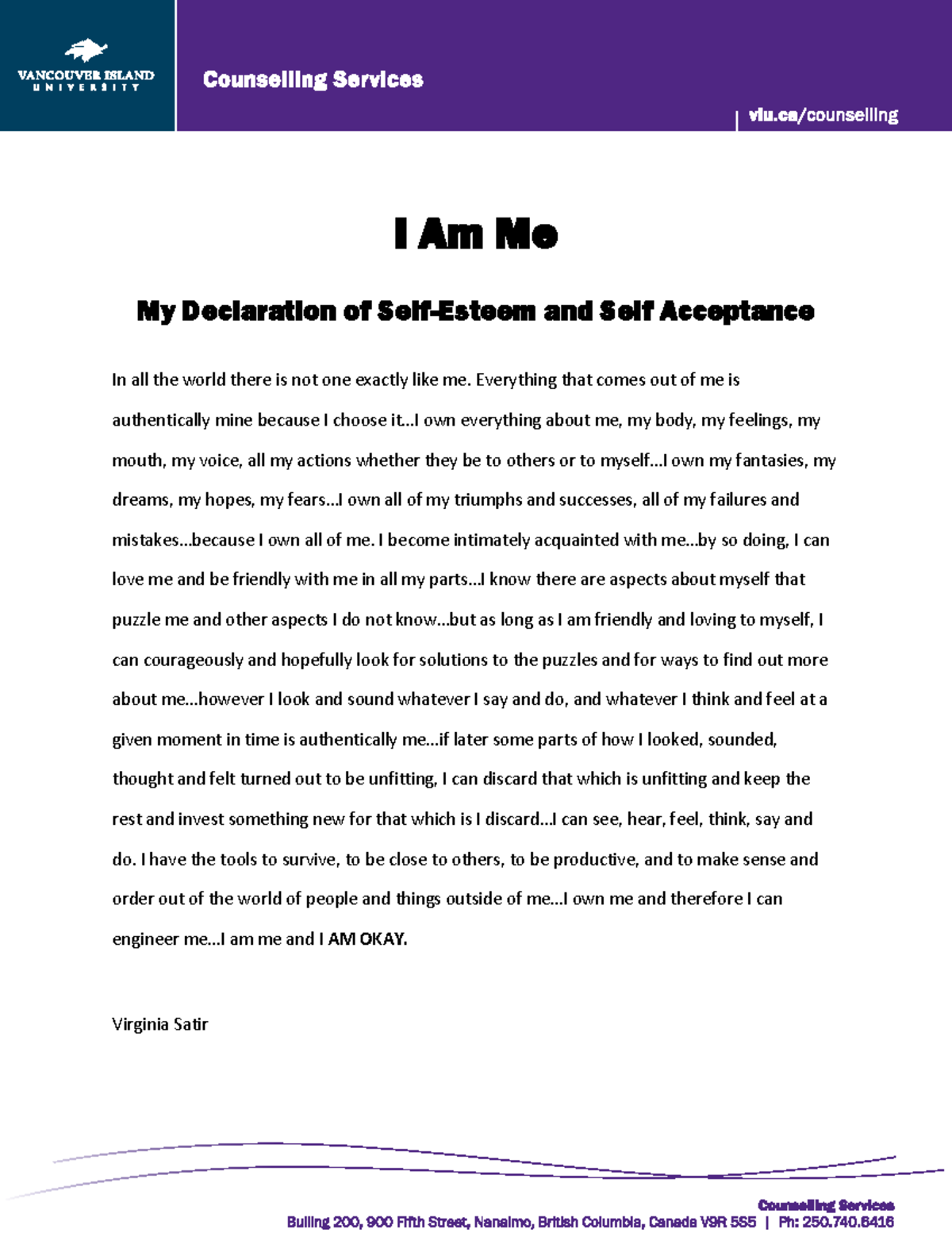 The Declaration of Self-Esteem - Virginia Satir - I Am Me My ...