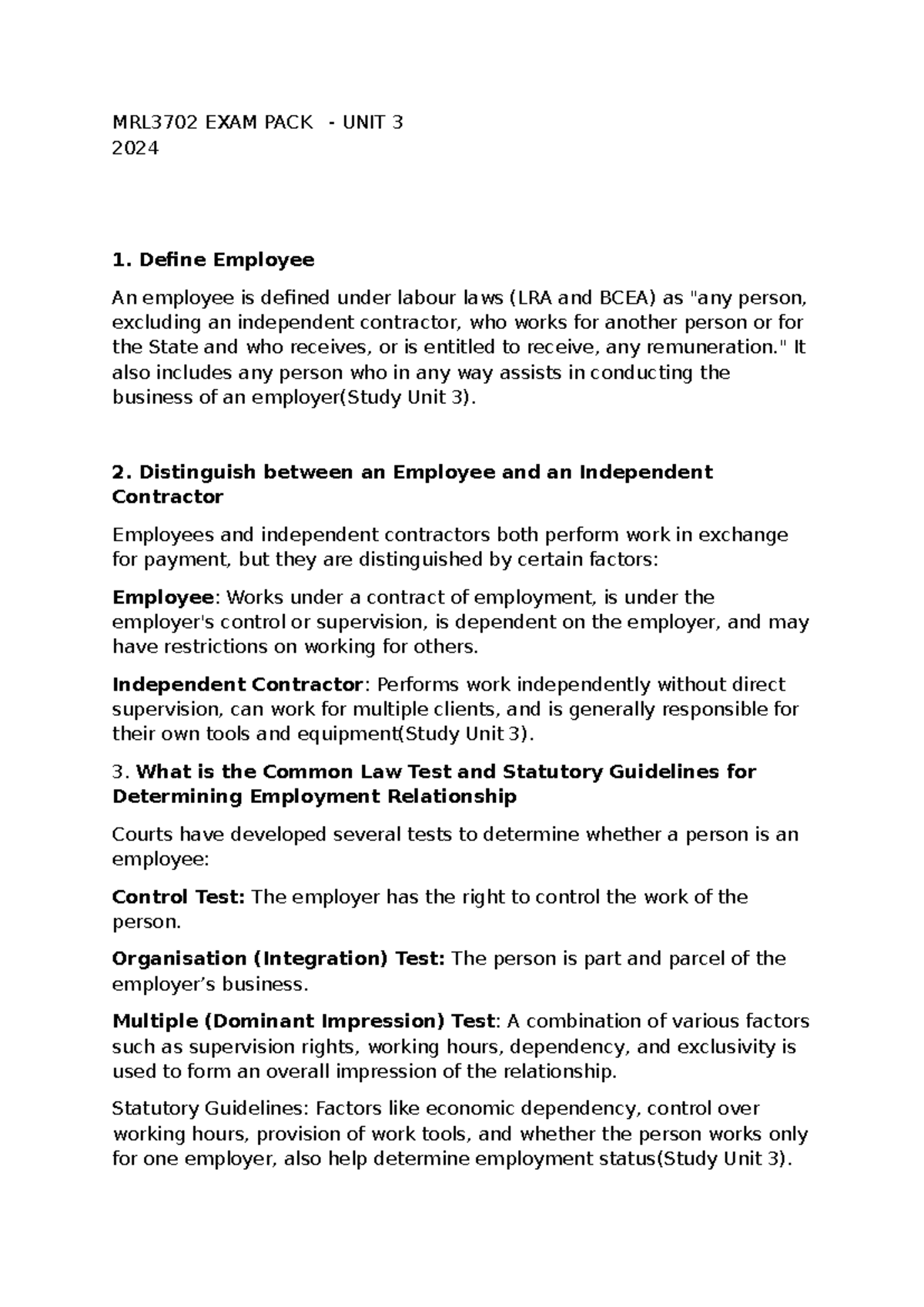 Unit 3 Labour Law exampack - MRL3702 EXAM PACK - UNIT 3 2024 Define ...