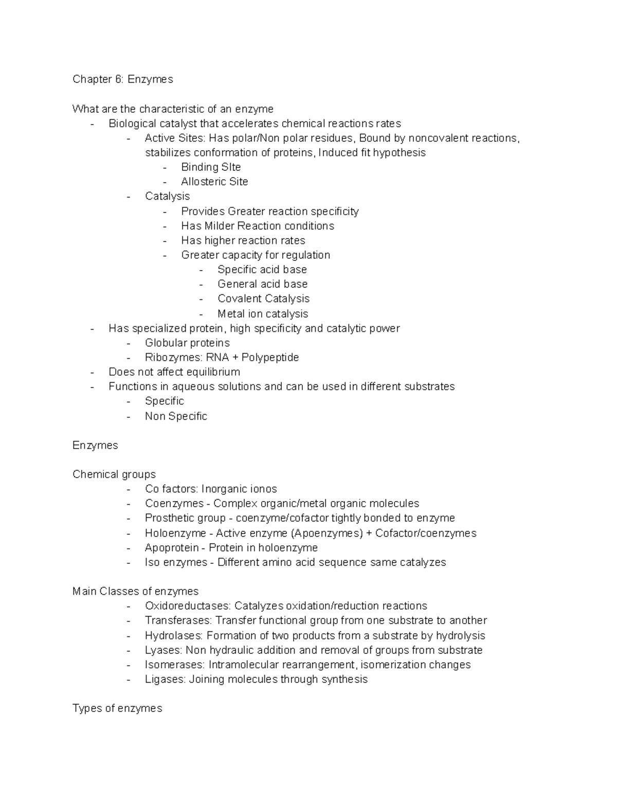 Biochemistry Chapter 6 Enzymes lecture notes Chapter 6 Enzymes What