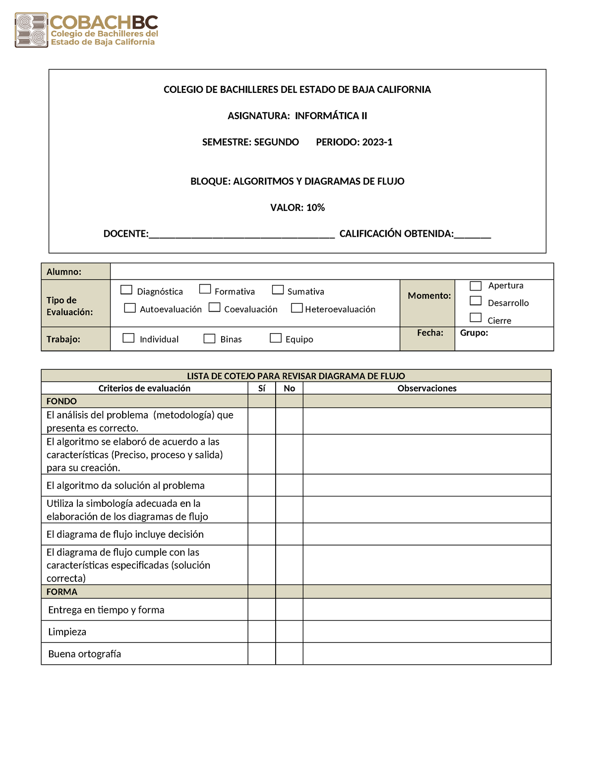 1 Lista De Cotejo Diagrama De Flujo Colegio De Bachilleres Del Estado De Baja California