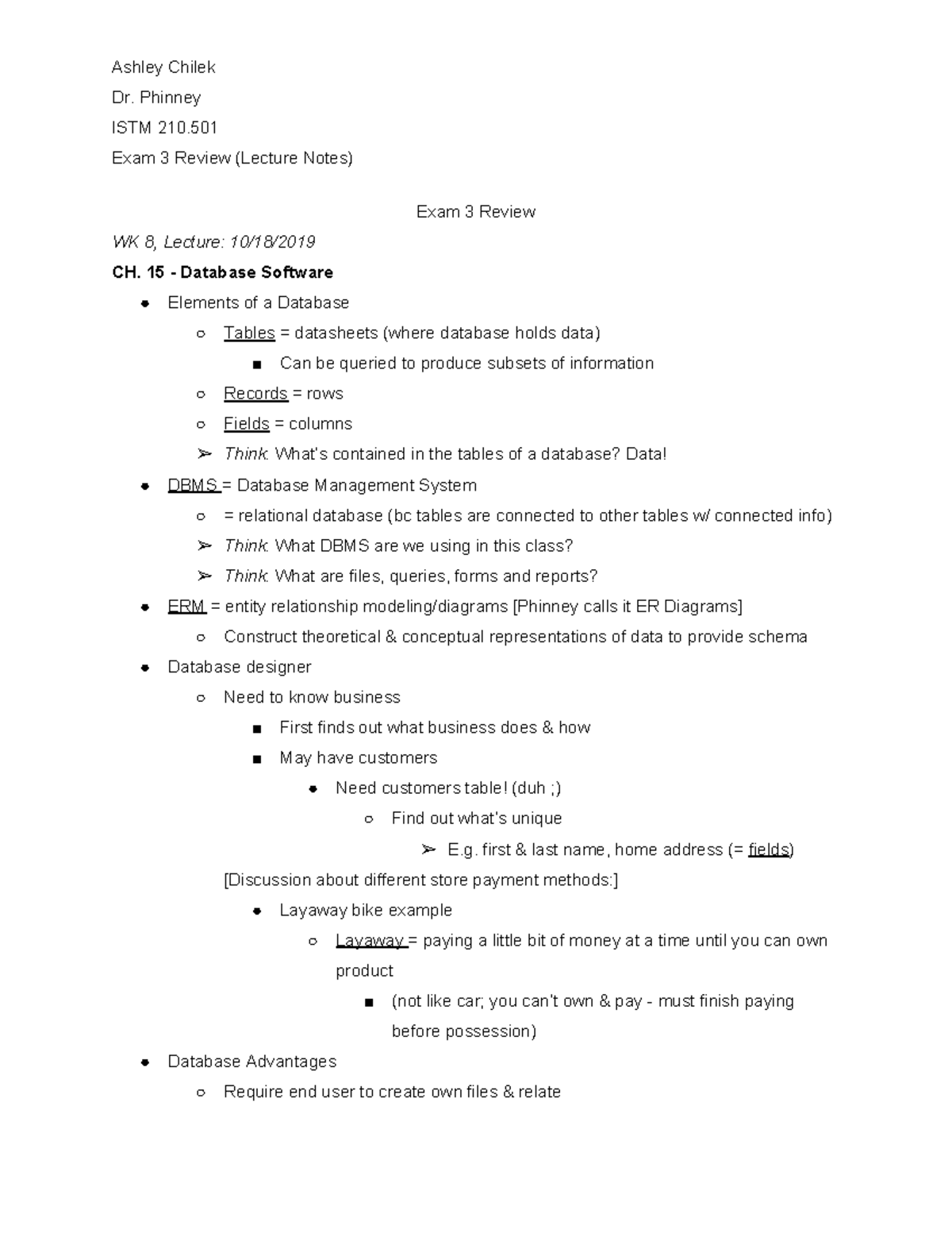 ISTM 210.501 Exam 3 Review (Lecture Notes) - Ashley Chilek Dr. Phinney ...