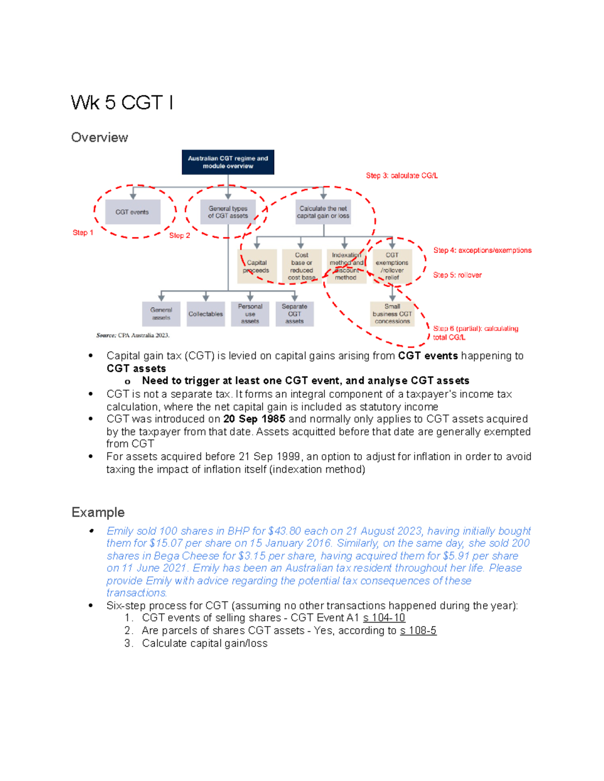 CLAW3201 wk5 - lec notes - Wk 5 CGT I Overview Capital gain tax (CGT ...