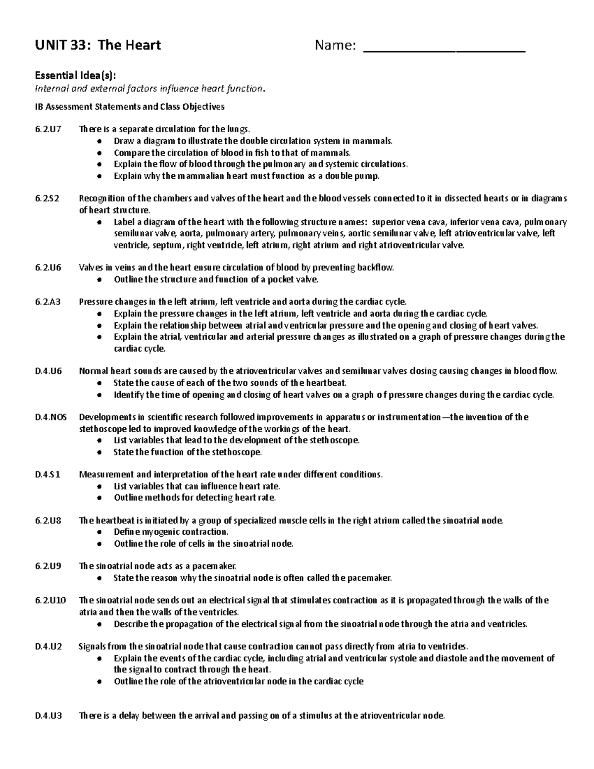 Unit 33 Heart - Bio note packet IB - UNIT 33: The Heart Name ...