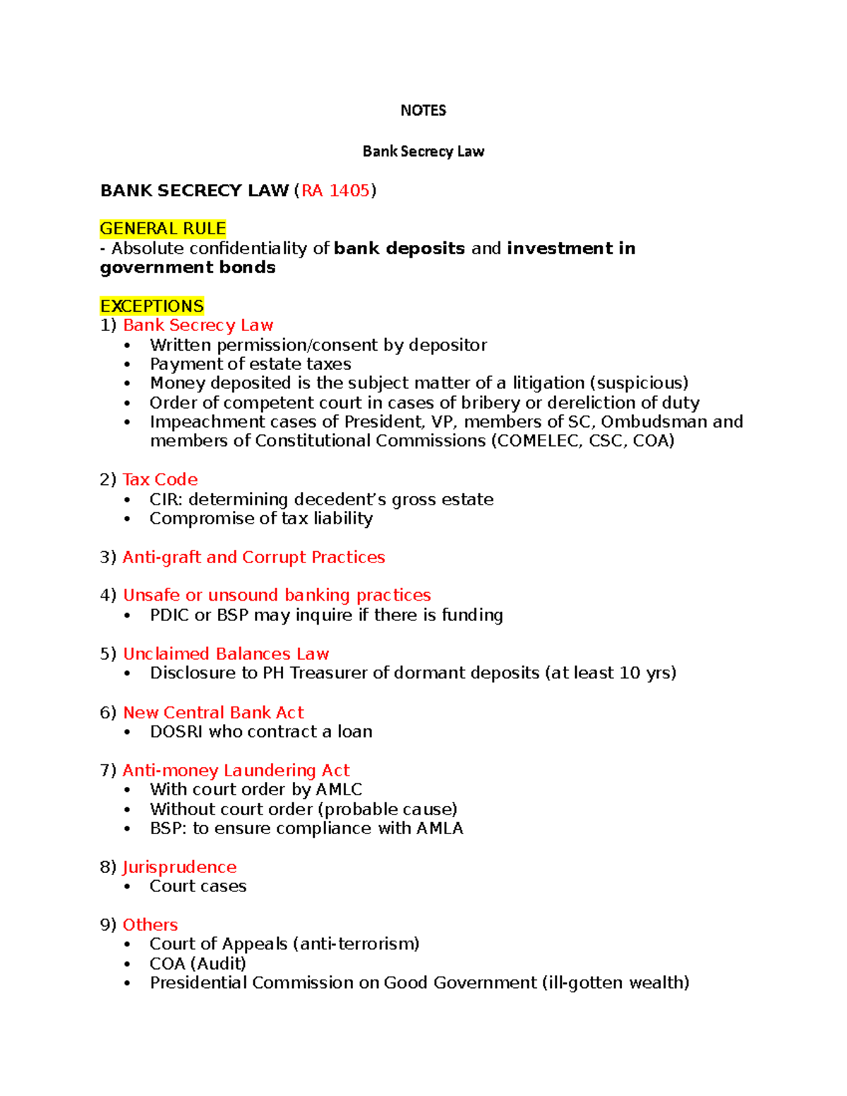 Bank Secrecy Law Notes - NOTES Bank Secrecy Law BANK SECRECY LAW (RA ...