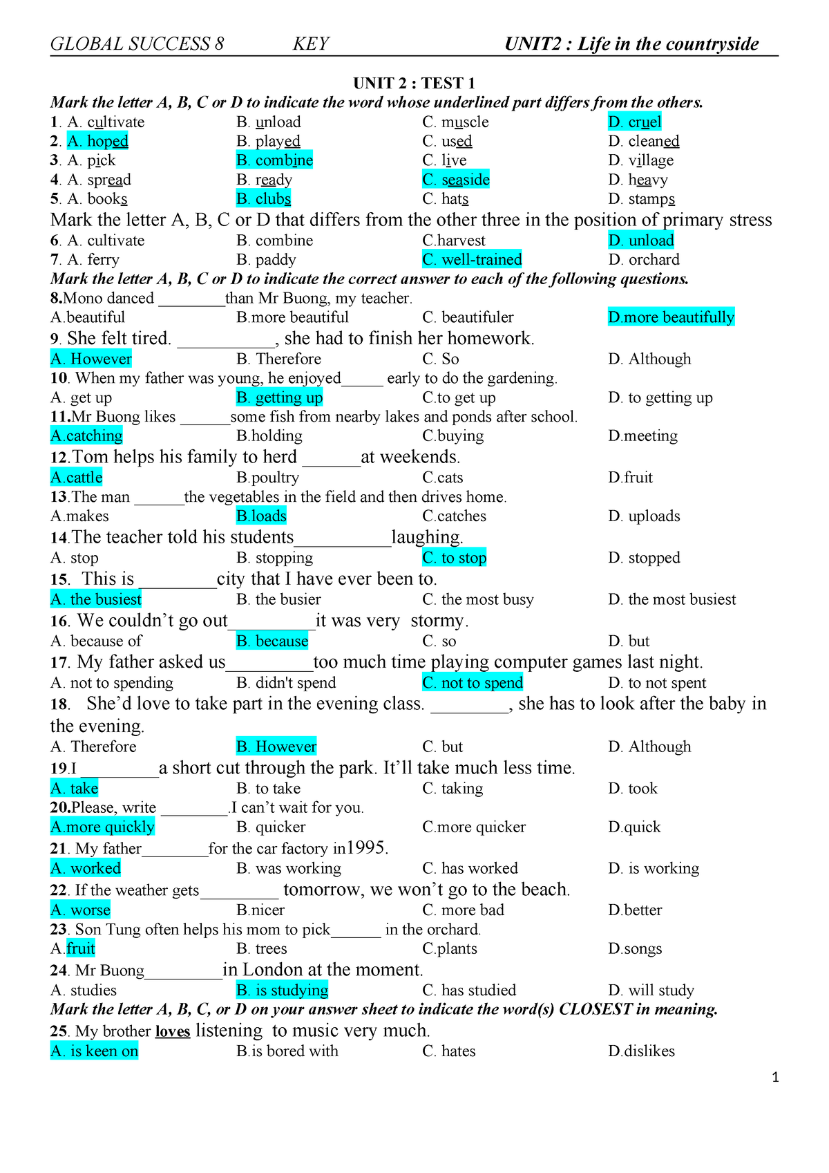 KEY-UNIT 2 - Practice TEST - GLOBAL SUCCESS 8 KEY UNIT2 : Life in the ...