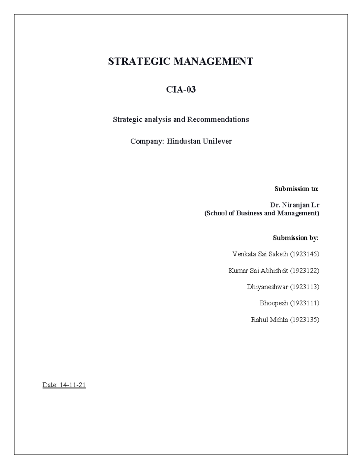 SM CIA-03 - Strategic analysis of the company Unilever using various ...